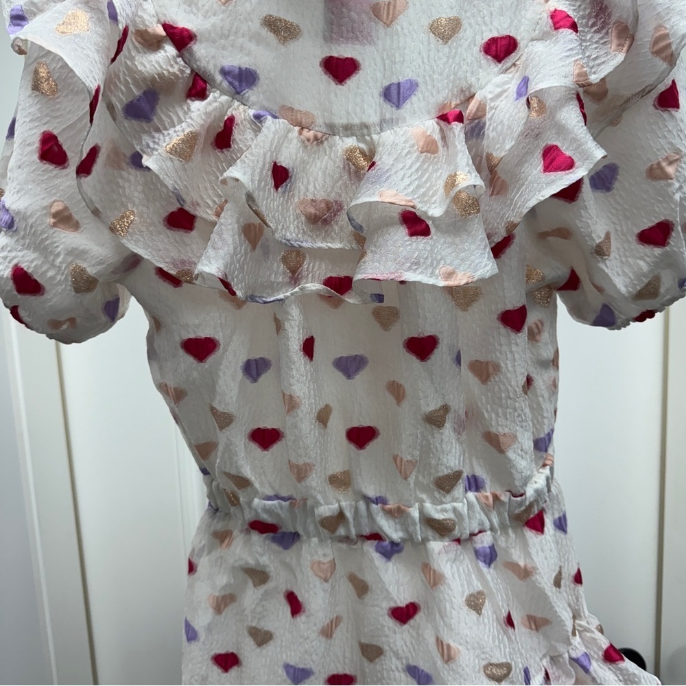 Buddy Love Norma Ruffle Short Dress Kissing Booth Heart Print White Pink - Picture 11 of 15